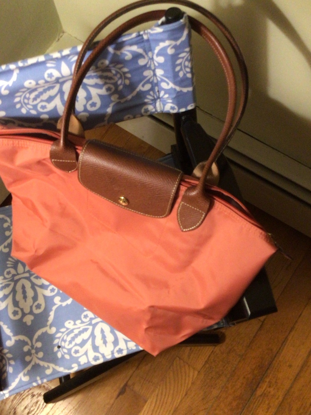 Longchamp Coral Tote with Brown Leather Trim
